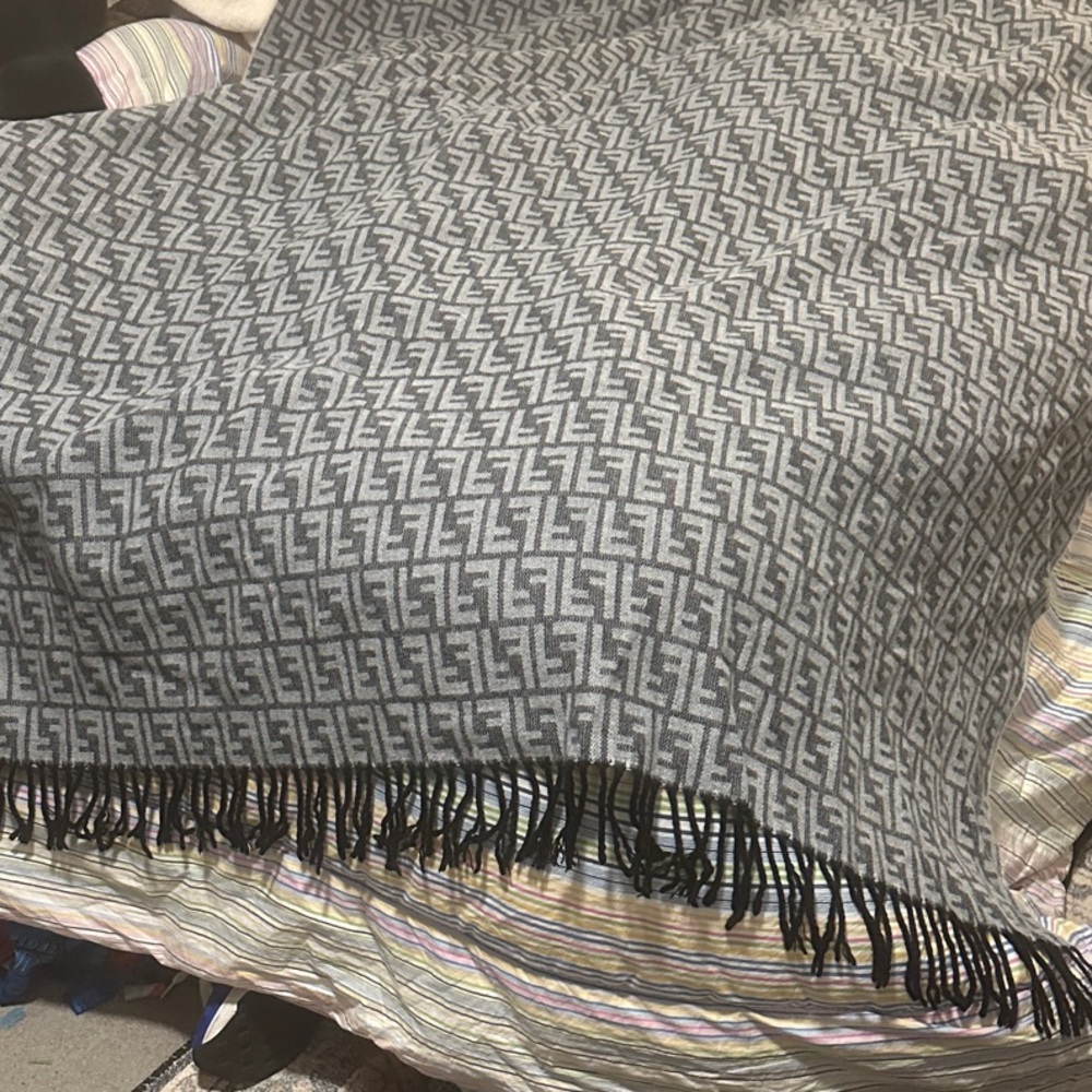 Fendi Gray and Cream Monogram Fringe Throw Blanket